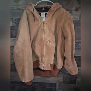 Carhartt Brown Hooded Canvas Work Jacket with Ribbed Hem